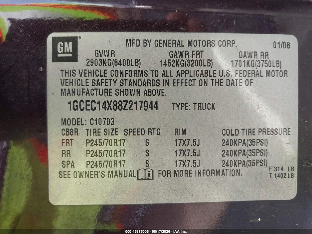 1GCEC14X88Z217944 2008 CHEVROLET SILVERADO 1500 photo no. 9