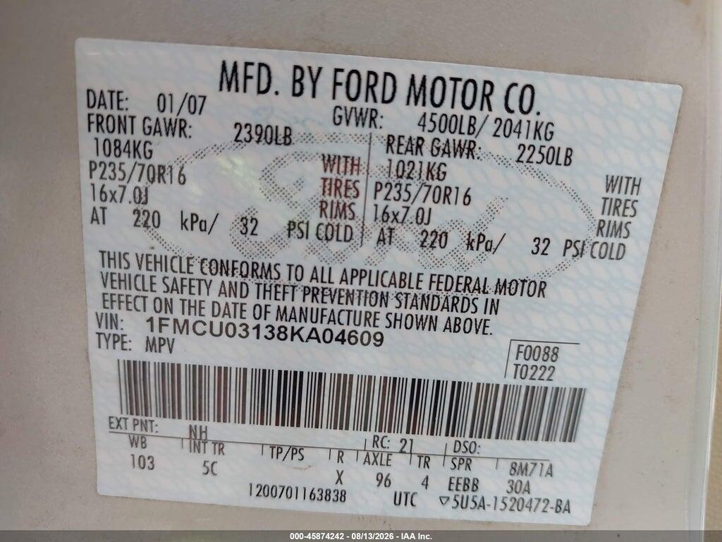 1FMCU03138KA04609 2008 FORD ESCAPE photo no. 9