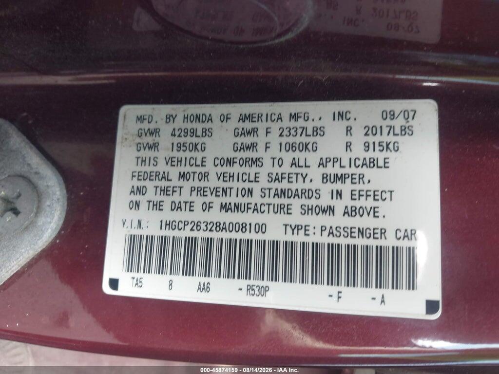 1HGCP26328A008100 2008 HONDA ACCORD photo no. 9