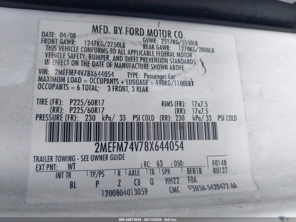 2MEFM74V78X644054 2008 MERCURY GRAND MARQUIS photo no. 9