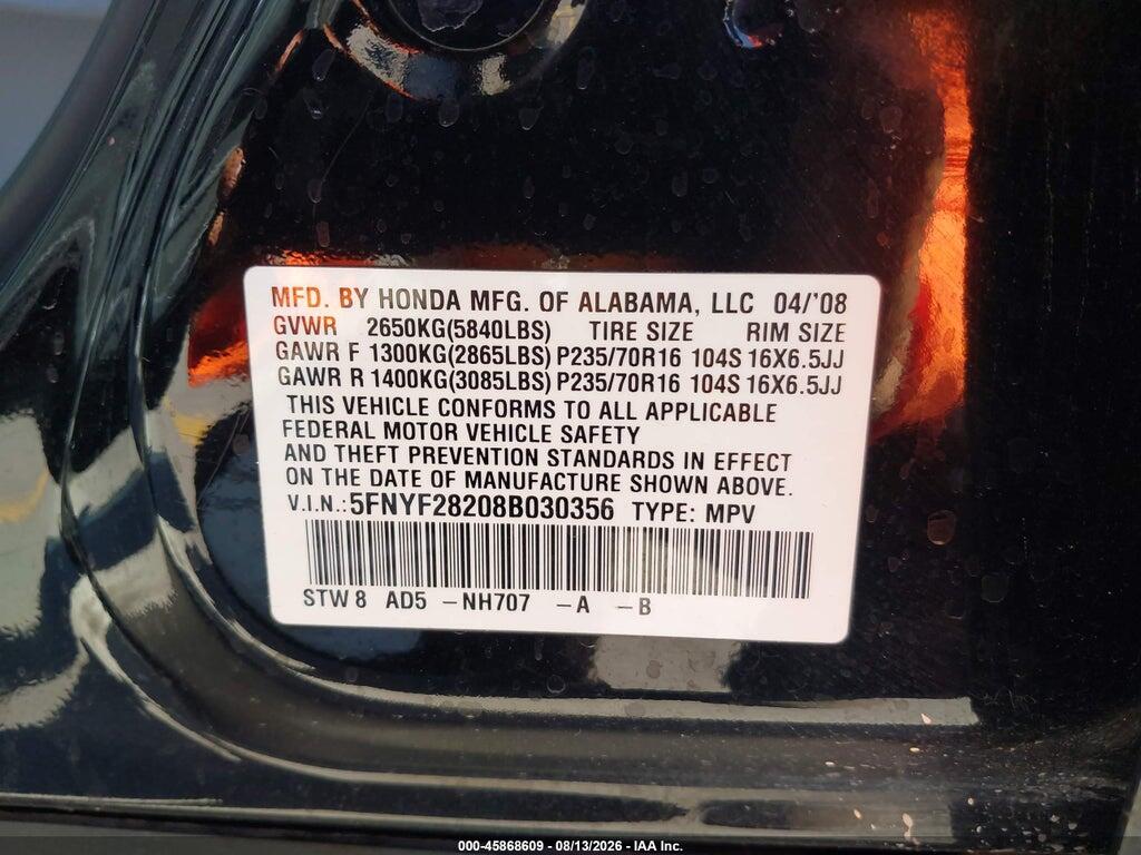 5FNYF28208B030356 2008 HONDA PILOT photo no. 9