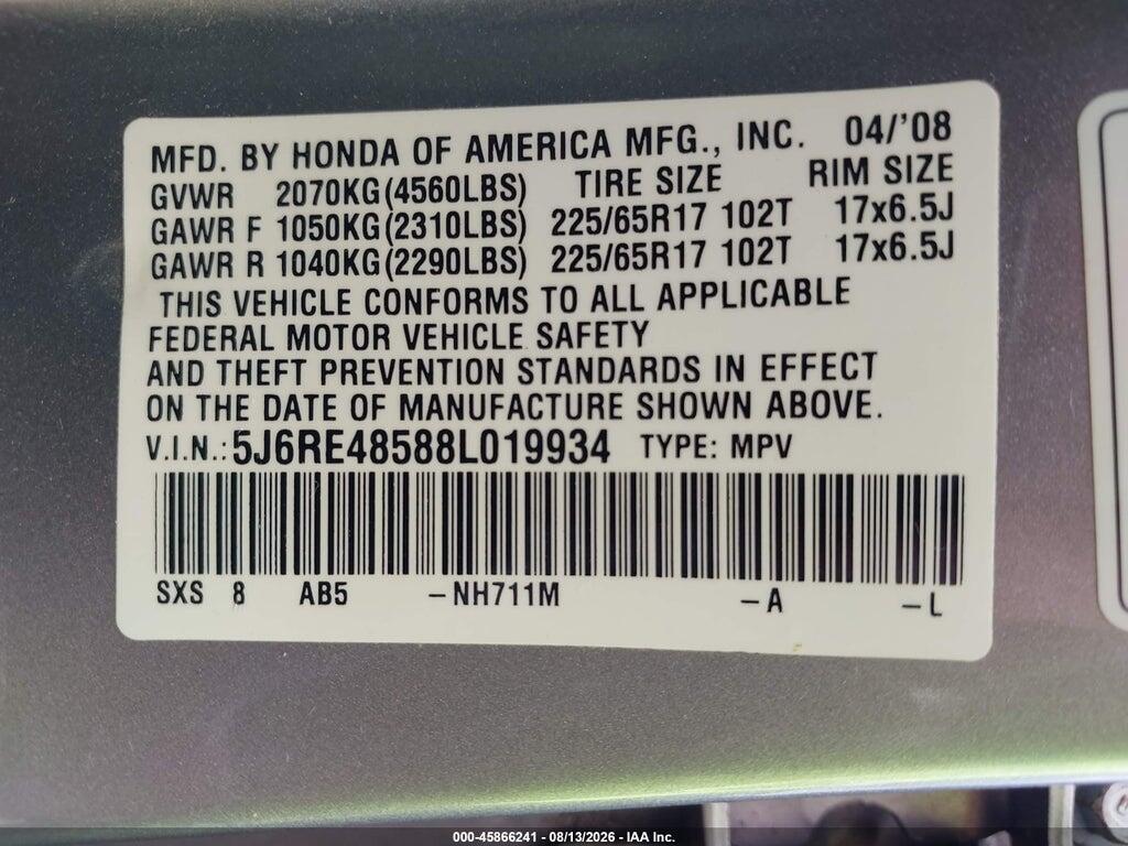 5J6RE48588L019934 2008 HONDA CR-V photo no. 9
