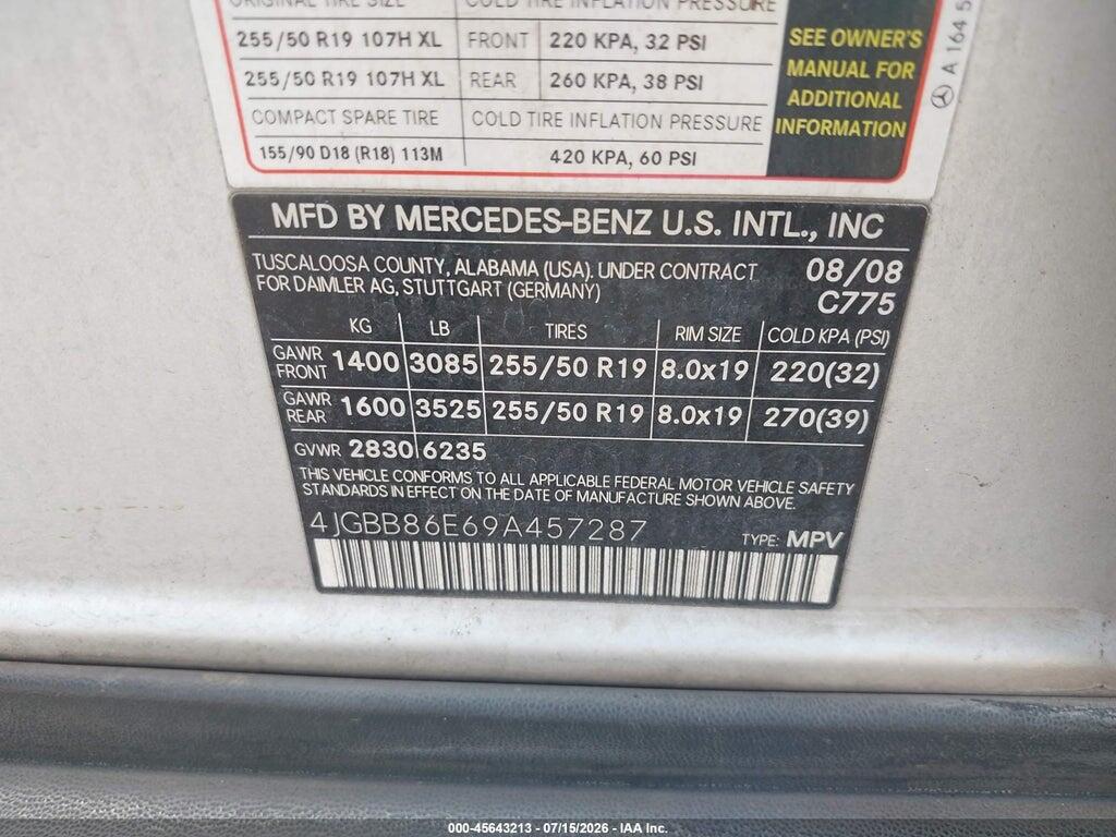 4JGBB86E69A457287 2009 MERCEDES-BENZ ML 350 photo no. 9