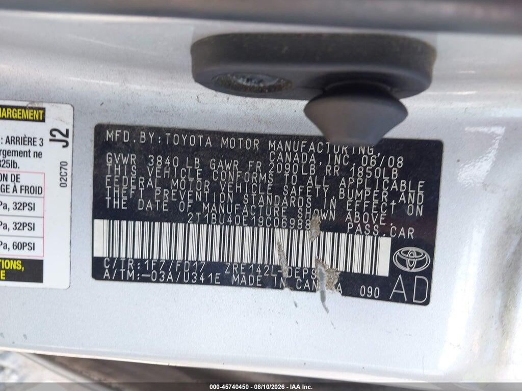 2T1BU40E19C069881 2009 TOYOTA COROLLA photo no. 9