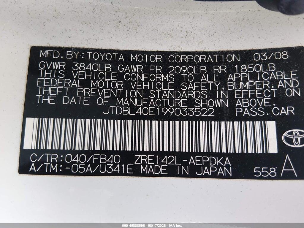 JTDBL40E199033522 2009 TOYOTA COROLLA photo no. 9