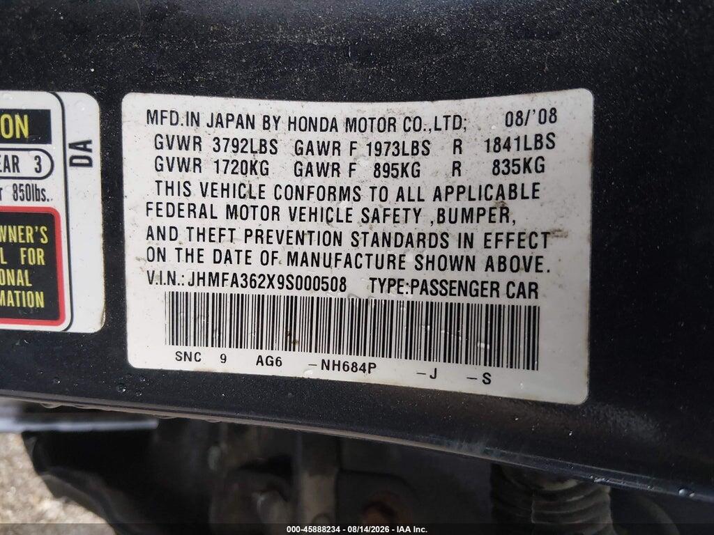 JHMFA362X9S000508 2009 HONDA CIVIC HYBRID photo no. 9