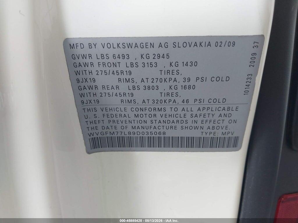 WVGFM77L89D035068 2009 VOLKSWAGEN TOUAREG 2 photo no. 9