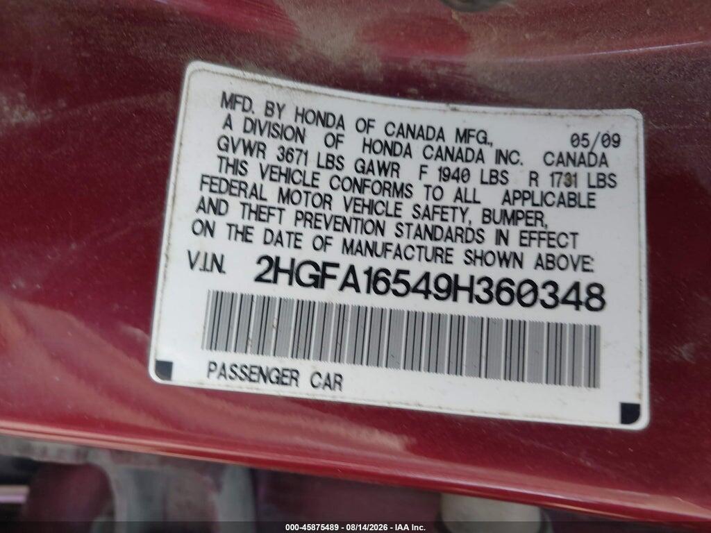 2HGFA16549H360348 2009 HONDA CIVIC photo no. 9