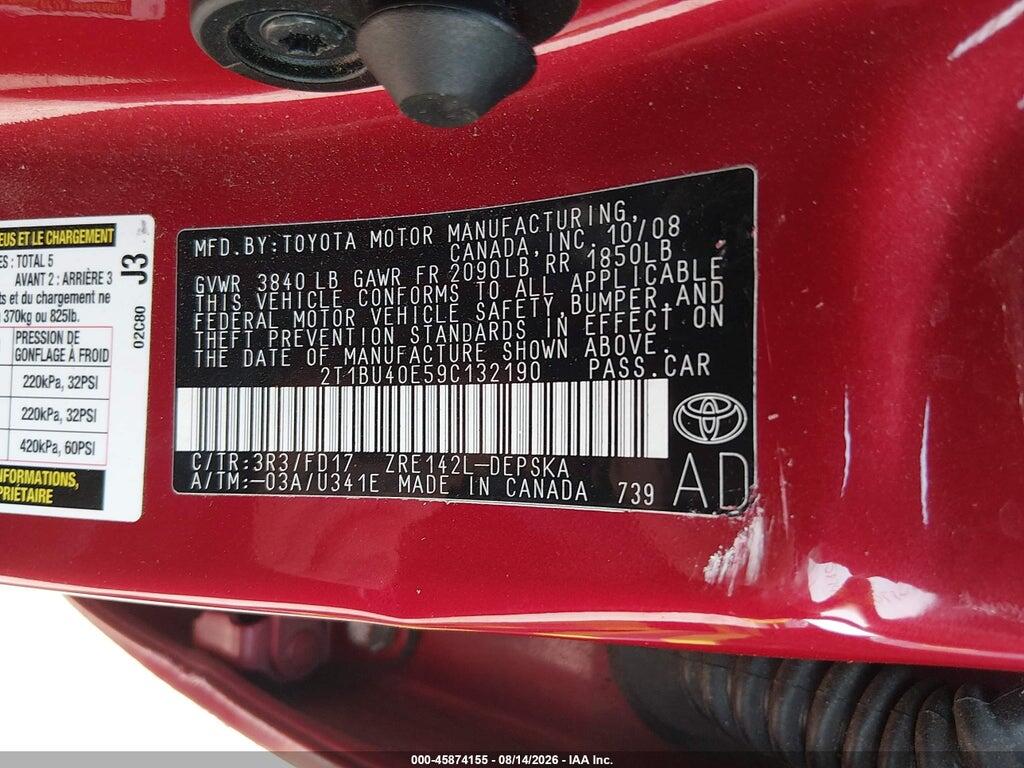 2T1BU40E59C132190 2009 TOYOTA COROLLA photo no. 9