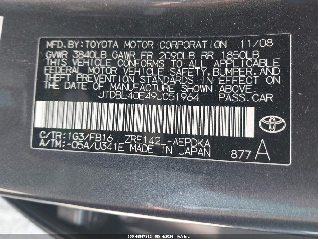 JTDBL40E49J051964 2009 TOYOTA COROLLA photo no. 9
