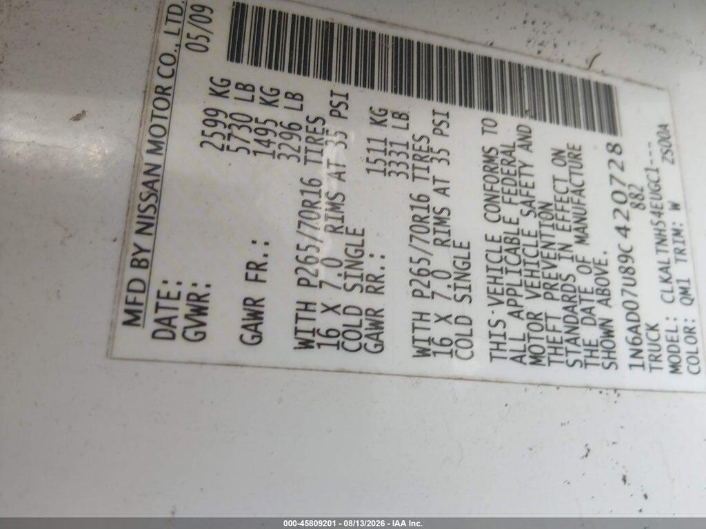 1N6AD07U89C420728 2009 NISSAN FRONTIER photo no. 9