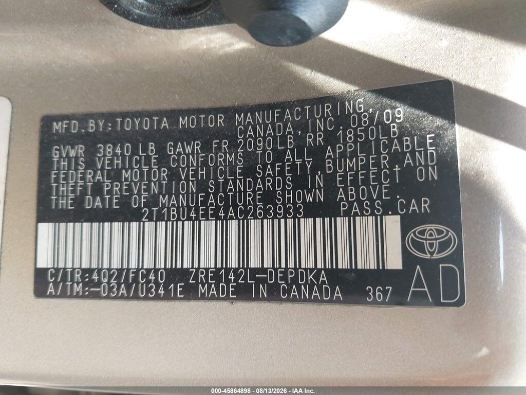2T1BU4EE4AC263933 2010 TOYOTA COROLLA photo no. 9