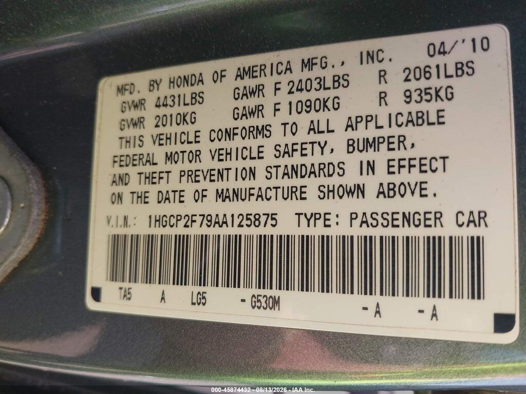 1HGCP2F79AA125875 2010 HONDA ACCORD photo no. 9