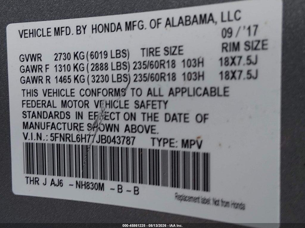 5FNRL6H77JB043787 2018 HONDA ODYSSEY photo no. 9