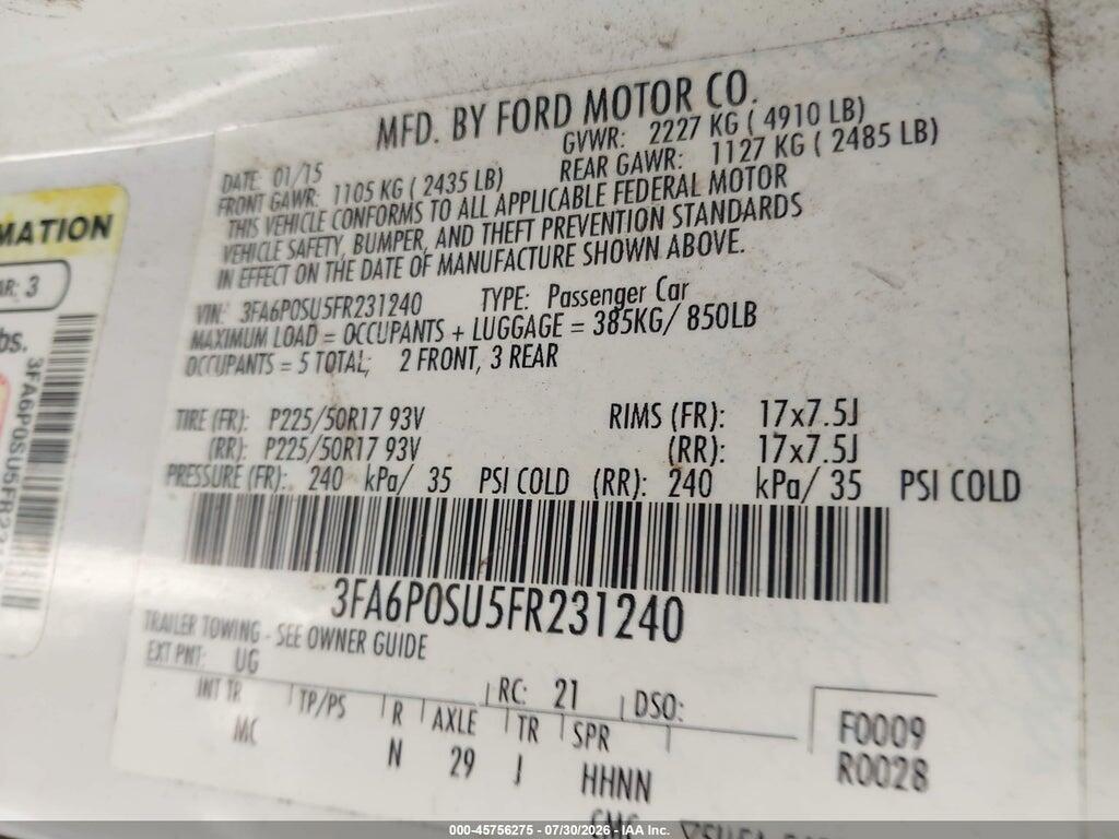 3FA6P0SU5FR231240 2015 FORD FUSION ENERGI photo no. 9