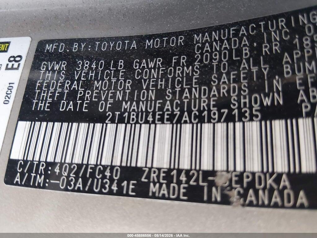 2T1BU4EE7AC197135 2010 TOYOTA COROLLA photo no. 9