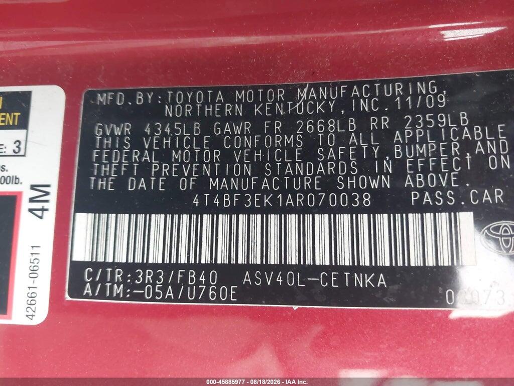4T4BF3EK1AR070038 2010 TOYOTA CAMRY photo no. 9