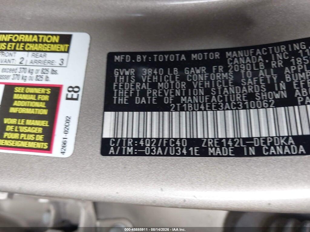 2T1BU4EE3AC310062 2010 TOYOTA COROLLA photo no. 9