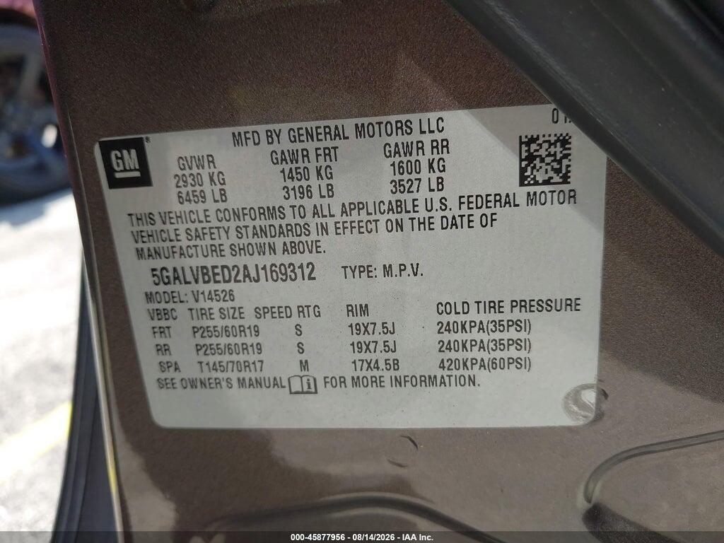 5GALVBED2AJ169312 2010 BUICK ENCLAVE photo no. 9