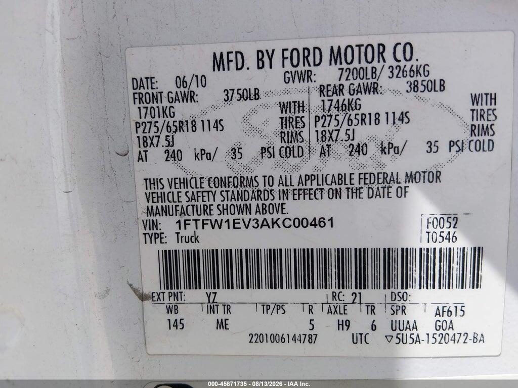 1FTFW1EV3AKC00461 2010 FORD F-150 photo no. 9