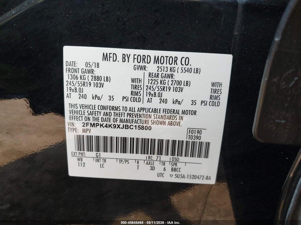 2FMPK4K9XJBC15800 2018 FORD EDGE photo no. 9