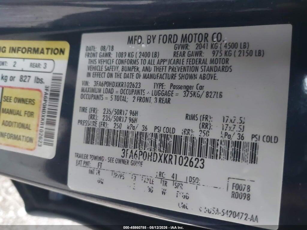 3FA6P0HDXKR102623 2019 FORD FUSION photo no. 9