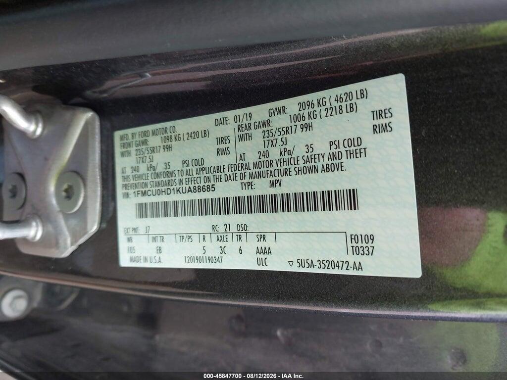 1FMCU0HD1KUA88685 2019 FORD ESCAPE photo no. 9