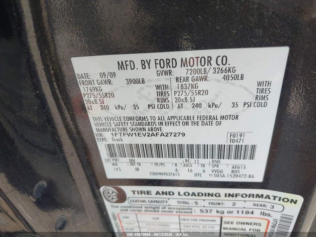 1FTFW1EV2AFA27279 2010 FORD F-150 photo no. 9