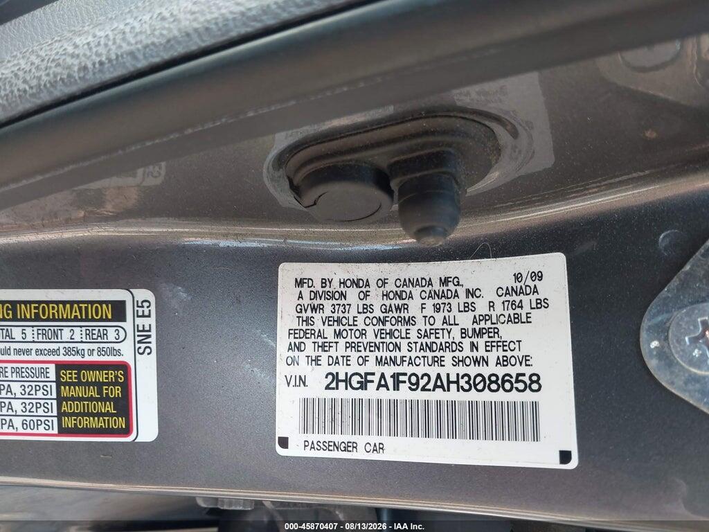 2HGFA1F92AH308658 2010 HONDA CIVIC photo no. 9