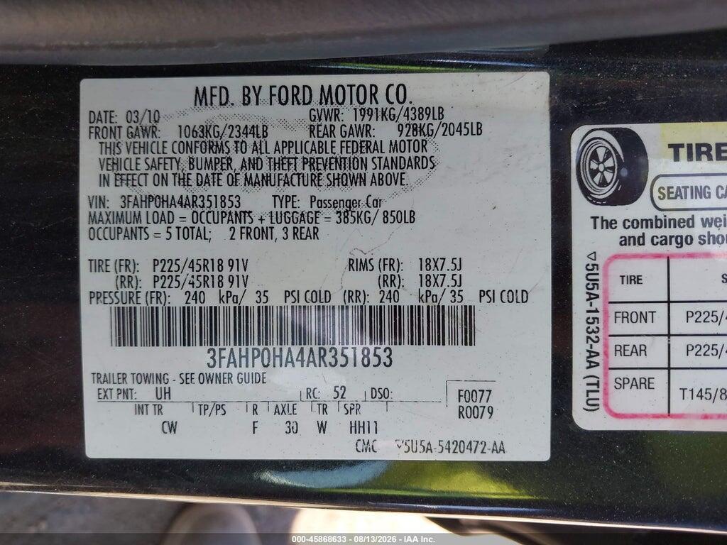 3FAHP0HA4AR351853 2010 FORD FUSION photo no. 9
