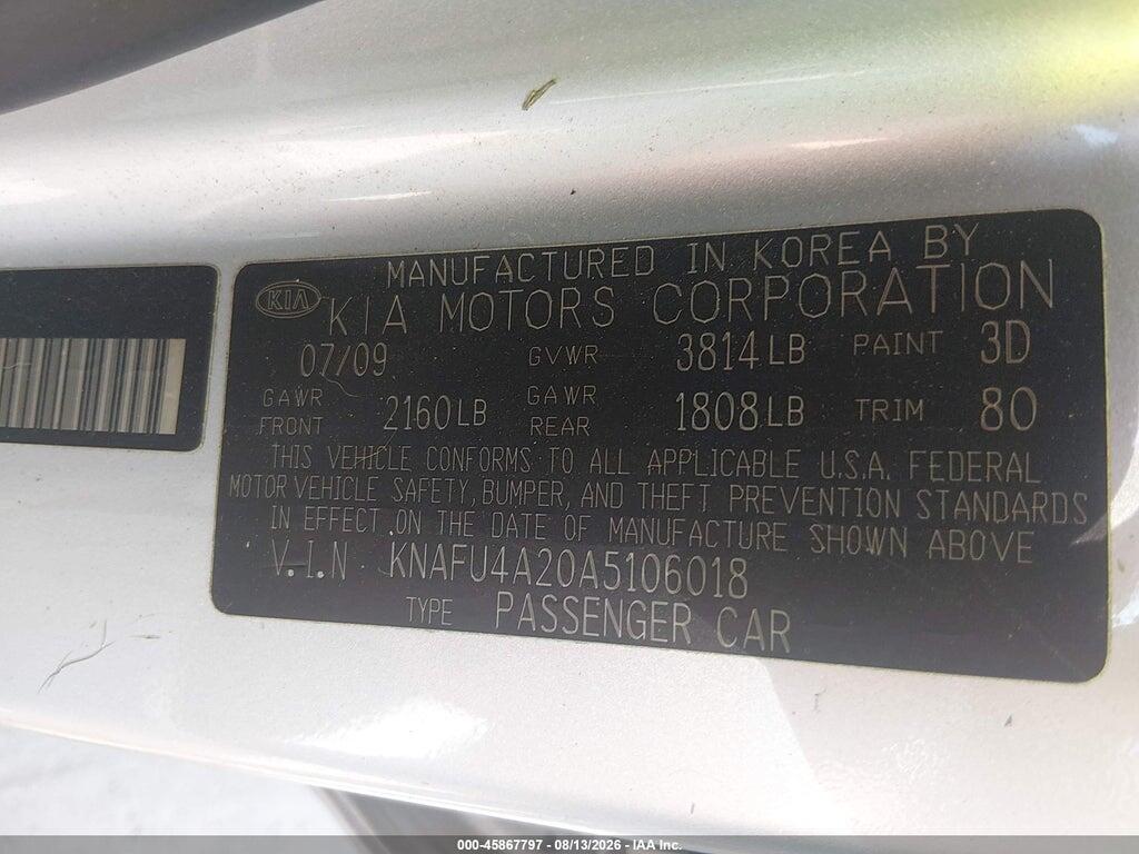 KNAFU4A20A5106018 2010 KIA FORTE photo no. 9