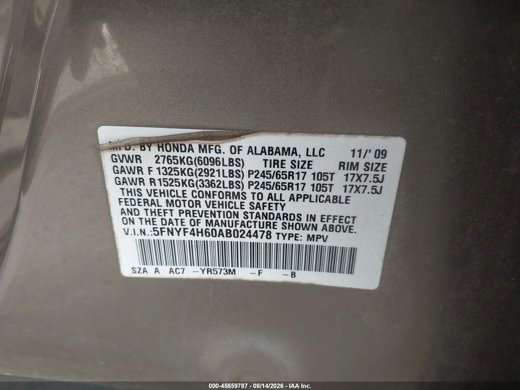 5FNYF4H60AB024478 2010 HONDA PILOT photo no. 9