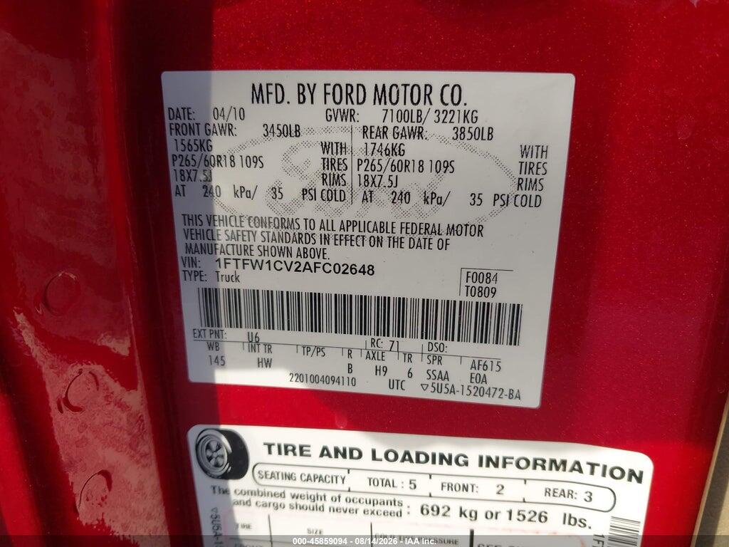 1FTFW1CV2AFC02648 2010 FORD F-150 photo no. 9