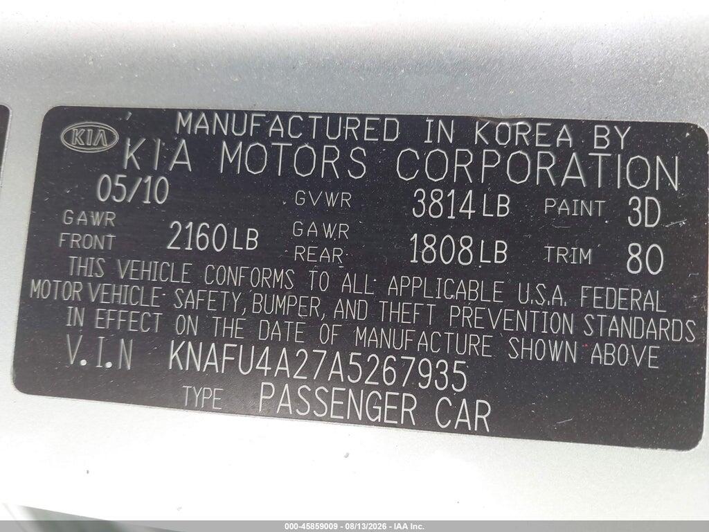 KNAFU4A27A5267935 2010 KIA FORTE photo no. 9