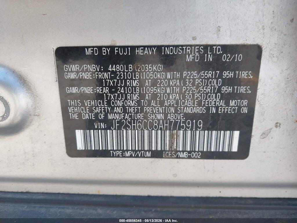 JF2SH6CC8AH775919 2010 SUBARU FORESTER photo no. 9