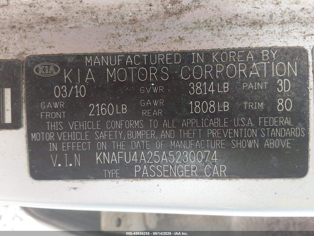 KNAFU4A25A5230074 2010 KIA FORTE photo no. 9
