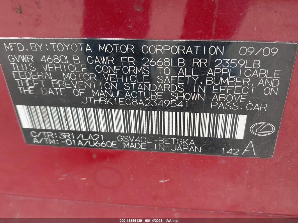 JTHBK1EG8A2349541 2010 LEXUS ES 350 photo no. 9