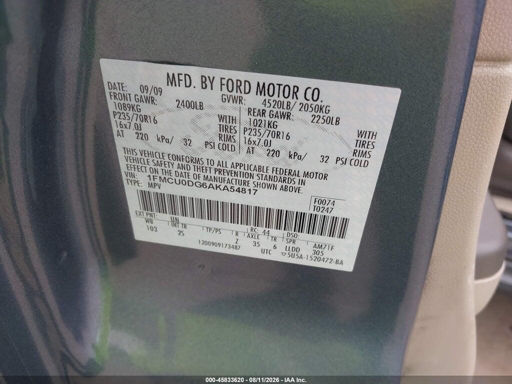 1FMCU0DG6AKA54817 2010 FORD ESCAPE photo no. 9