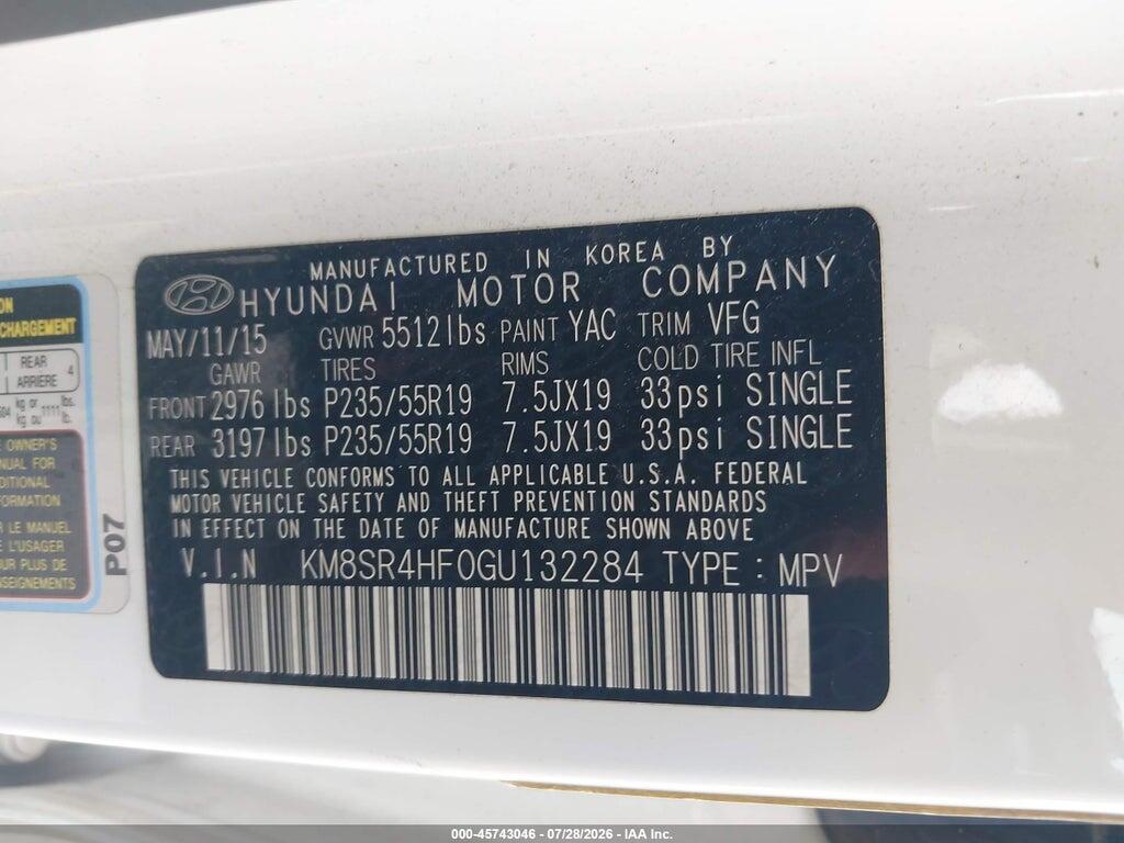 KM8SR4HF0GU132284 2016 HYUNDAI SANTA FE photo no. 9