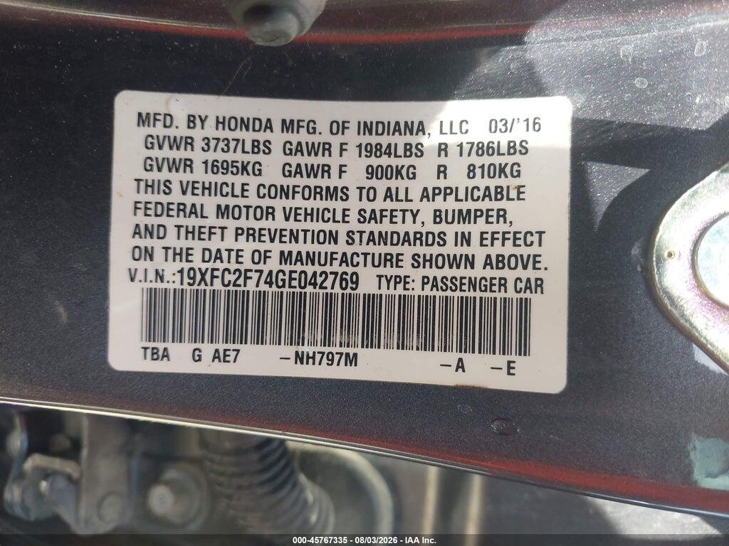 19XFC2F74GE042769 2016 HONDA CIVIC photo no. 9