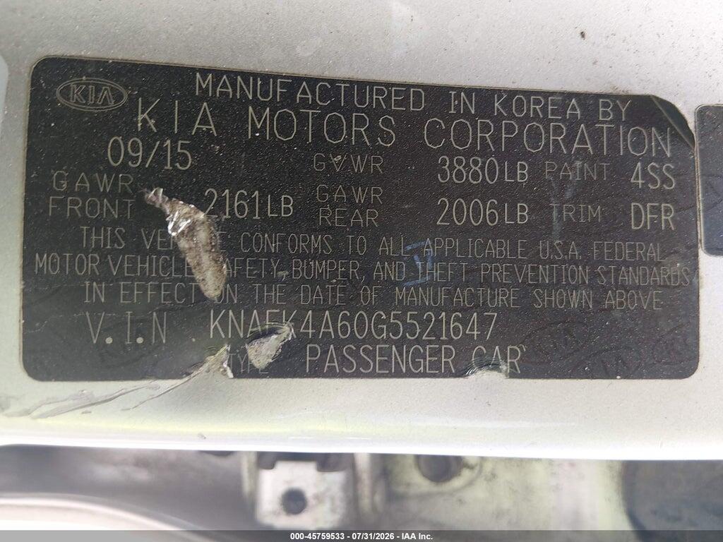 KNAFK4A60G5521647 2016 KIA FORTE photo no. 9