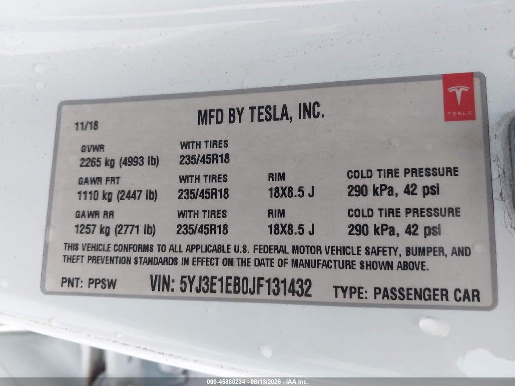 5YJ3E1EB0JF131432 2018 TESLA MODEL 3 photo no. 9
