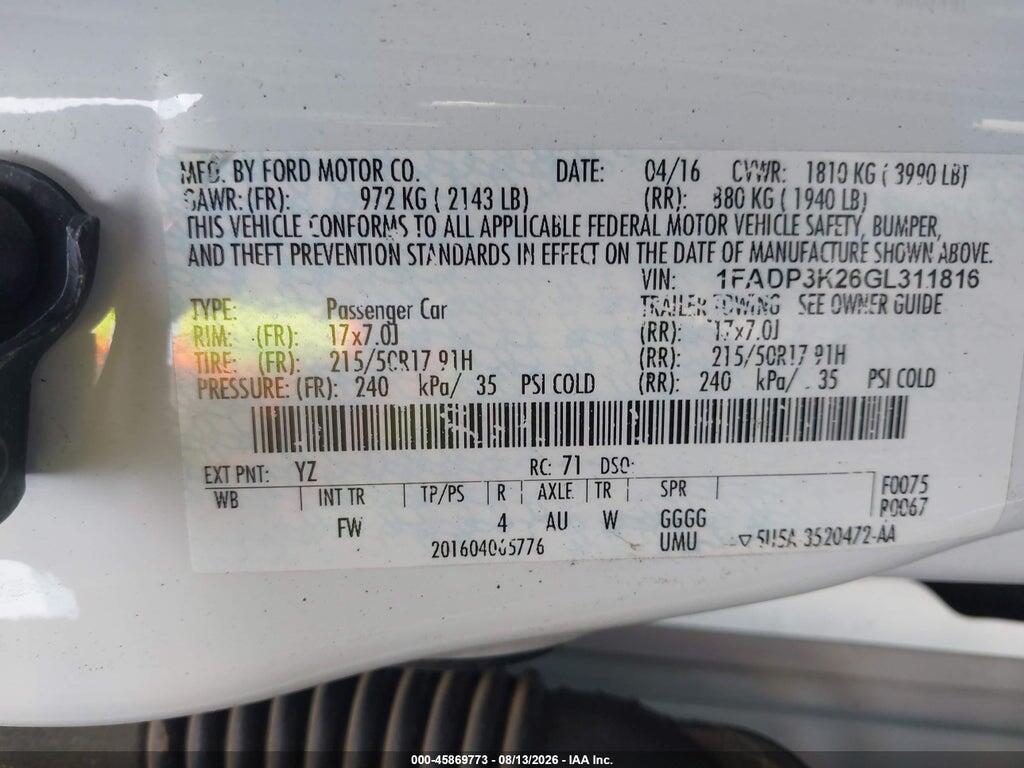1FADP3K26GL311816 2016 FORD FOCUS photo no. 9