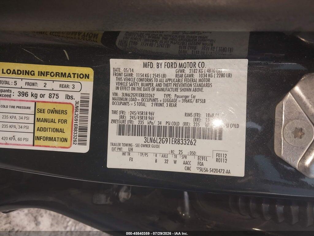 3LN6L2G91ER833262 2014 LINCOLN MKZ photo no. 9