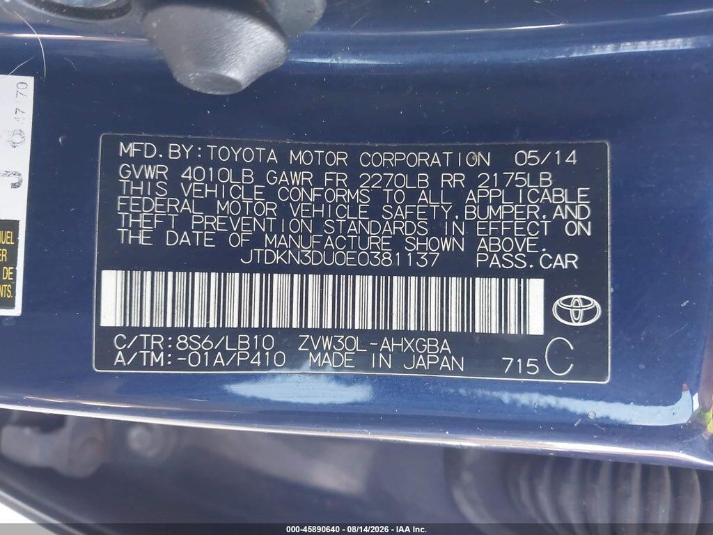 JTDKN3DU0E0381137 2014 TOYOTA PRIUS photo no. 9