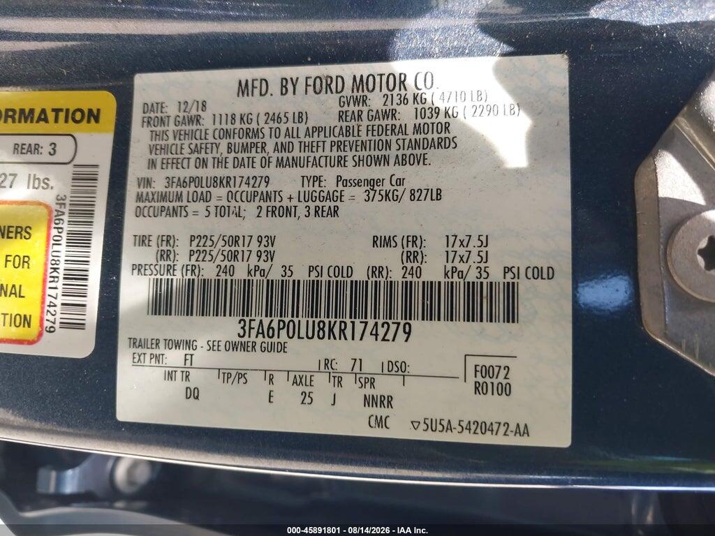 3FA6P0LU8KR174279 2019 FORD FUSION HYBRID photo no. 9