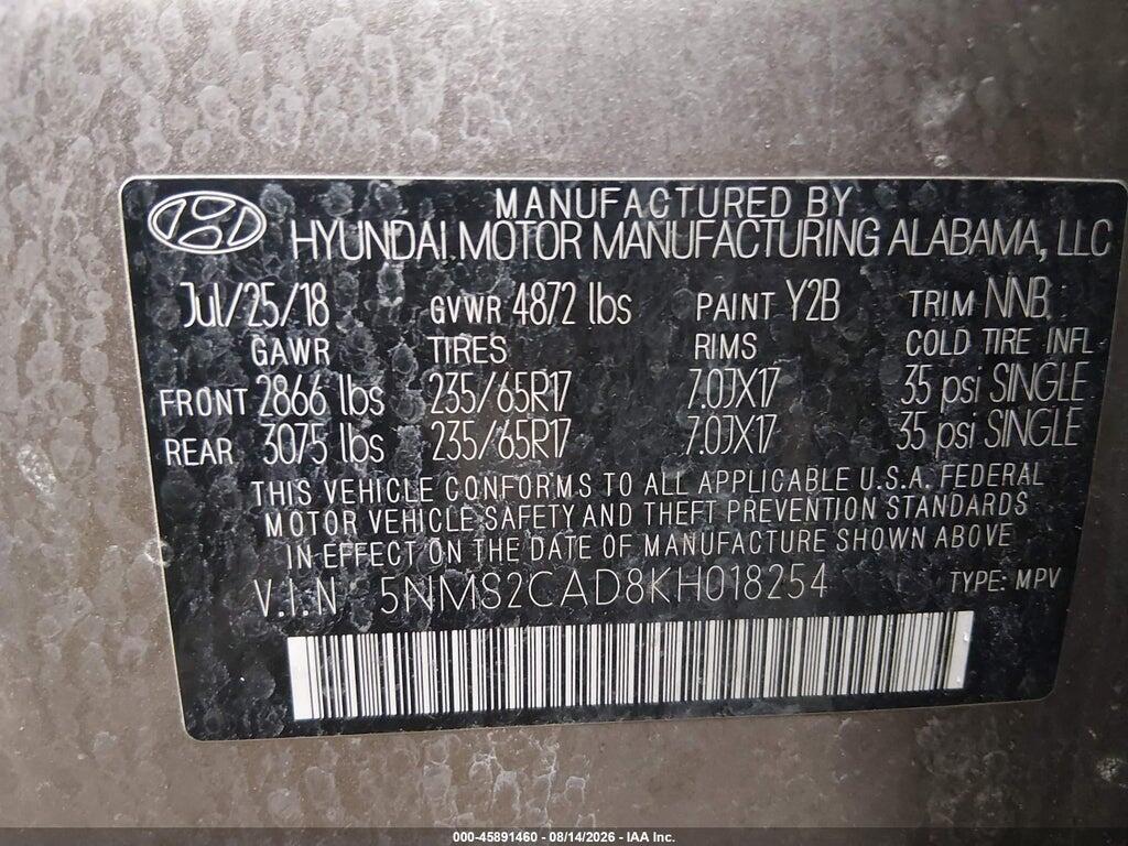 5NMS2CAD8KH018254 2019 HYUNDAI SANTA FE photo no. 9