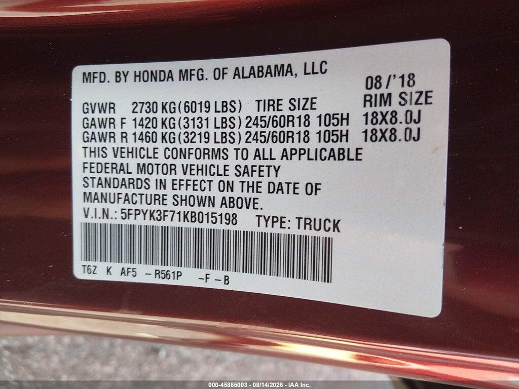 5FPYK3F71KB015198 2019 HONDA RIDGELINE photo no. 9