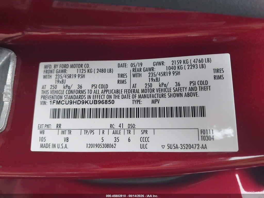 1FMCU9HD9KUB96850 2019 FORD ESCAPE photo no. 9