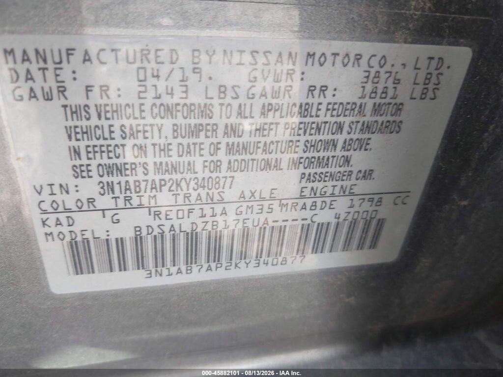 3N1AB7AP2KY340877 2019 NISSAN SENTRA photo no. 9